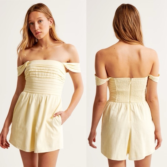 ABERCROMBIE & FITCH Emerson Off The Shoulder Ruched Romper butter Yellow linen - Picture 1 of 13